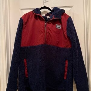 Hurley men’s hoodie pullover 3/4 zip XL navy blue & maroon zipper pockets Sherpa